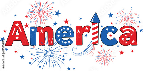 America text design with fireworks and stars with Fourth Of July