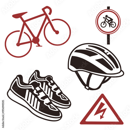 Cycling accessories and signs with bicycle and shoes