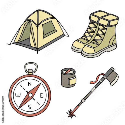 Camping gear including tent boots compass and axe