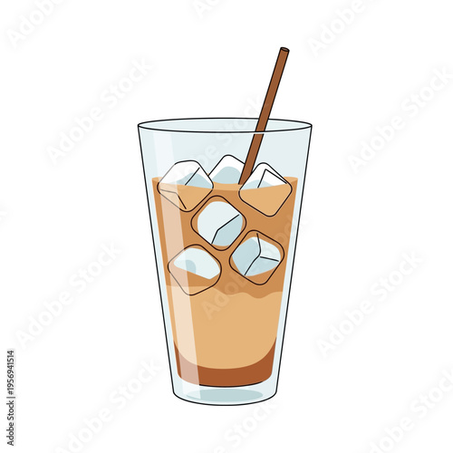 Refreshing Iced Coffee in a Tall Glass with Ice Cubes and Straw
