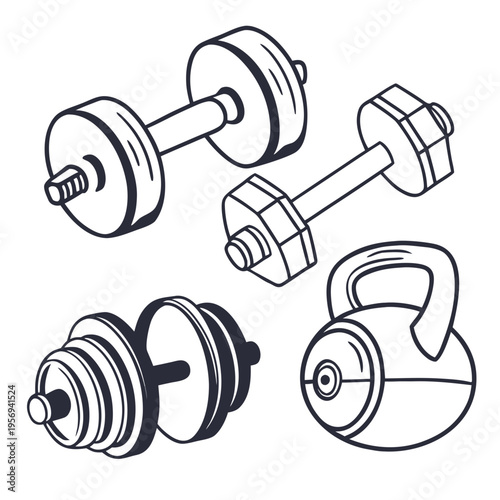 Black and white of dumbbells and kettlebell weightlifting fitness exercise