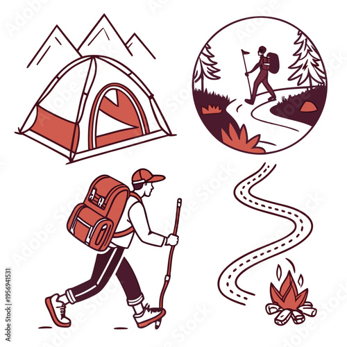 Hiking and camping with tent and mountains trail