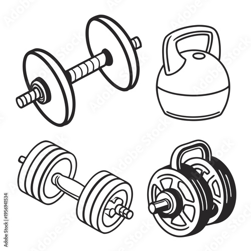 Black and white of dumbbells and kettlebell weightlifting fitness exercise