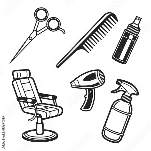 Hair salon tools icons: scissors, comb, dryer, chair