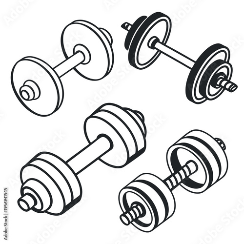 Black and white of multiple dumbbells weightlifting fitness exercise