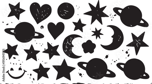 Set of childish crayon space objects and aliens isolated on white background. Vector cartoon illustration of funny chalk Earth, doodle stars, alien creatures and spacecraft