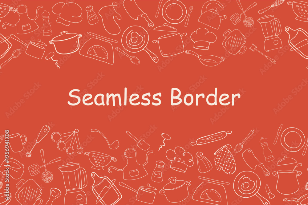 Naklejka premium Seamless border repeatable pattern white line art kitchen tools, cooking essentials, cookware, tableware pots, pans, spatulas, knives on red background for food packaging, menus and recipe design.
