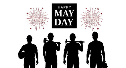 May day celebration with silhouettes of workers and fireworks