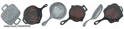diverse cookware frying pans, grill pan, wok and saucepan Kitchen essentials stuff and cooking tools for culinary cookware utensil vector cartoon hand drawn illustration Culinary equipment