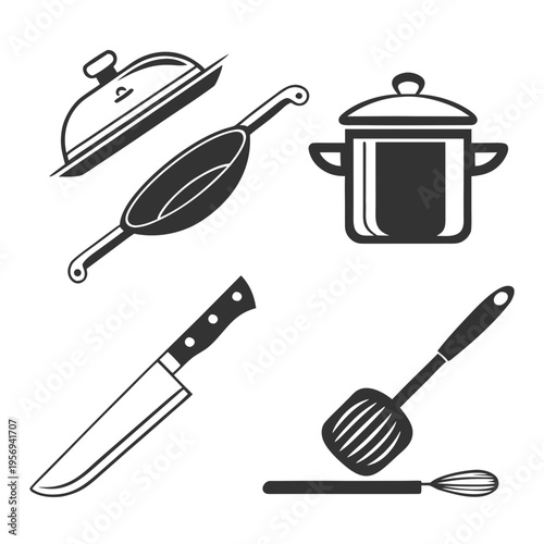Kitchen cooking utensils and cookware icons set for culinary design projects