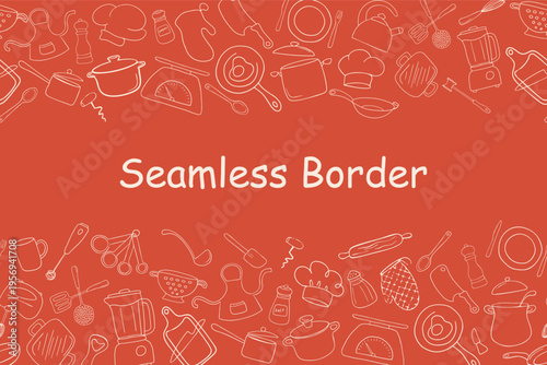 Seamless border repeatable pattern white line art kitchen tools, cooking essentials, cookware, tableware pots, pans, spatulas, knives on red background for food packaging, menus and recipe design.