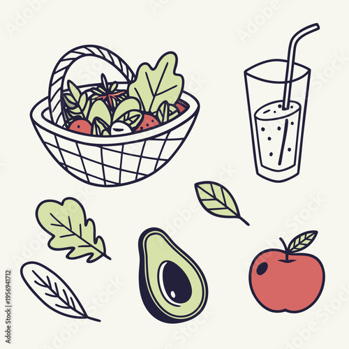 Healthy food basket with fresh fruits and vegetables, juice, apple, avocado