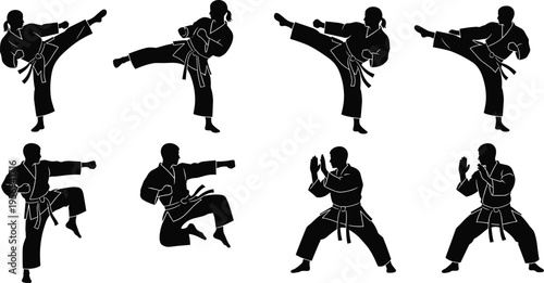 Karate Fighters Silhouette Collection with Martial Artists Performing High Kicks, Punches, and Defensive Stances for Combat Sports and Training Concepts
