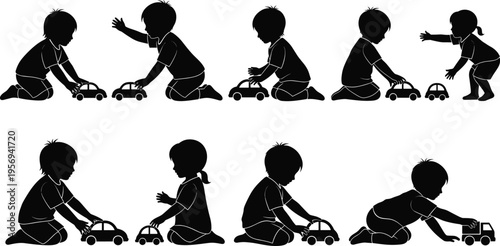 Kids Playing with Toy Cars Silhouette Collection, Children Interaction and Playtime Activity Set with Boys and Girls in Various Poses for Childhood Concepts
