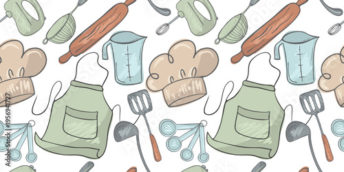 Seamless pattern kitchen stuff cooking essentials featuring aprons chef hats and utensils for food branding design projects.