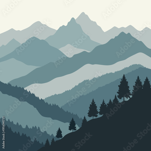 Cuadro en lienzo Layered mountain landscape with pine forest and fading hues for nature concepts