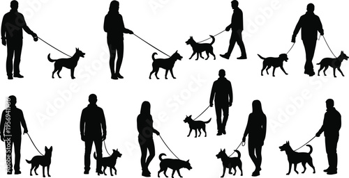 People Walking Dogs Silhouette Collection, Men and Women with Pets on Leashes in Different Poses for Outdoor Lifestyle and Animal Care Concepts