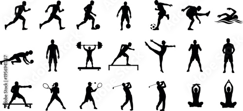 Collection of black silhouette icons depicting various fitness and exercise activities for healthy lifestyle and sports
