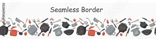 Seamless border repeatable pattern kitchen tools, cooking essentials, cookware, tableware pots, pans, spatulas, knives for food packaging, menus and recipe design.