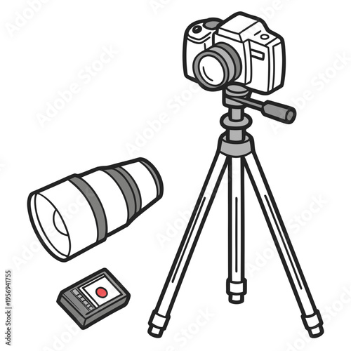 Professional photography and videography equipment: camera, tripod, lens