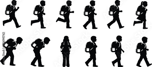 School Children Walking with Backpacks Silhouette Collection, Kids Going to School in Different Poses for Education, Student Life, and Daily Activity Concepts