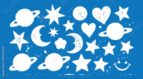 Set of childish crayon space objects and aliens isolated on white background. Vector cartoon illustration of funny chalk Earth, doodle stars, alien creatures and spacecraft