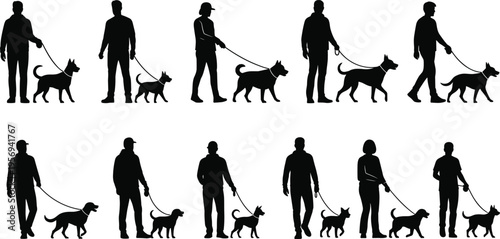People Walking Dogs Silhouette Set, Men and Women with Pets on Leash in Various Poses for Outdoor Activity, Lifestyle, and Animal Care Concepts