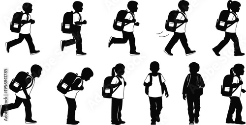 School Kids Walking with Backpacks Silhouette Set, Children Going to School in Various Poses for Education, Learning, and Student Lifestyle Concepts