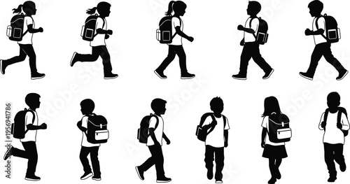School Kids Walking and Running with Backpacks Silhouette Set, Children in Different Poses for Education, Student Life, and Daily School Activity Concepts