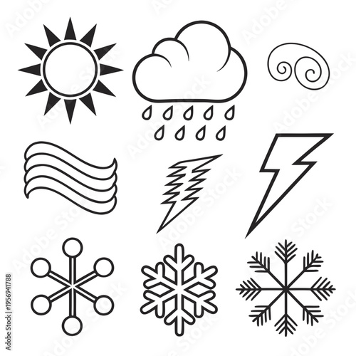 Weather conditions and climate forecast icons: sun, rain, wind, snow