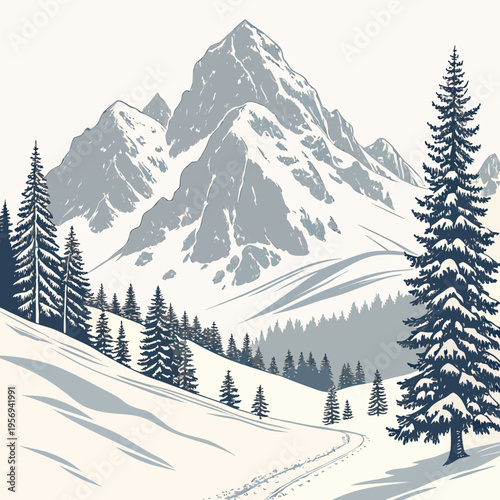 Winter mountain landscape with snowy pines and footpath illustration