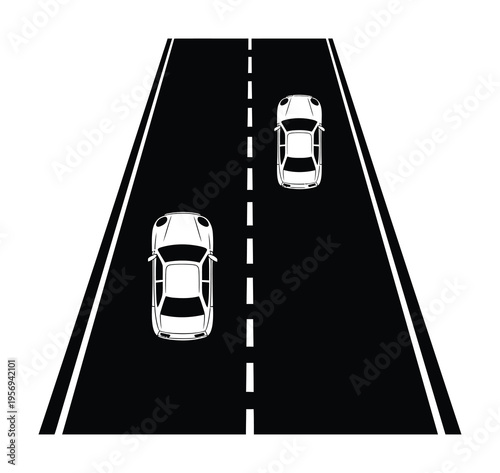 Vector graphic of two cars driving on a two-lane road with clear lane markings