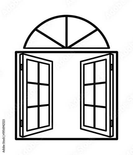 Vector of an open window with two shutters and a semi-circular top