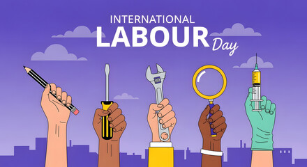 International labour day celebration with diverse workers' tools and cityscape