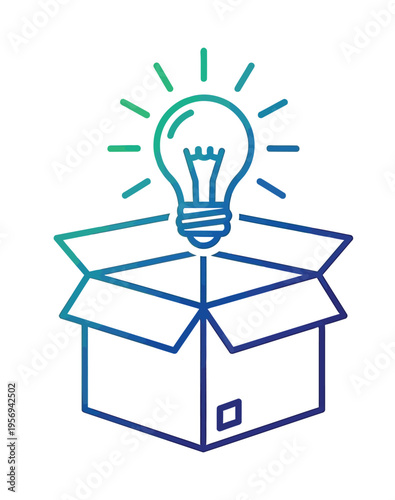 Vector of a lightbulb shining brightly out of an open cardboard box