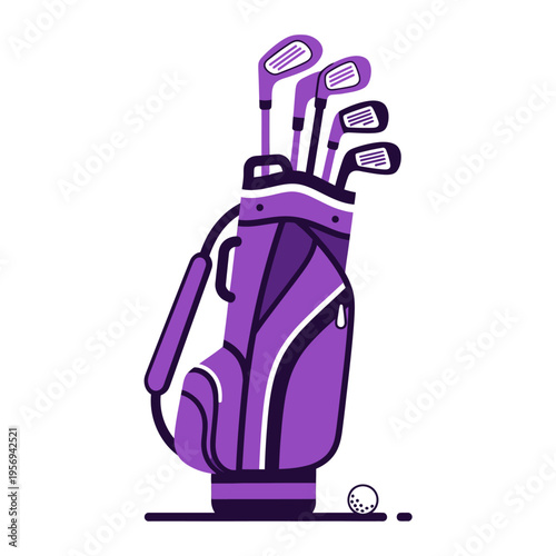 Purple golf bag with clubs and ball, flat design illustration