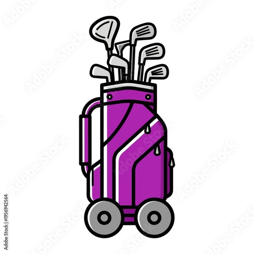Purple golf bag with clubs on wheels, isolated on white background, sports equipment
