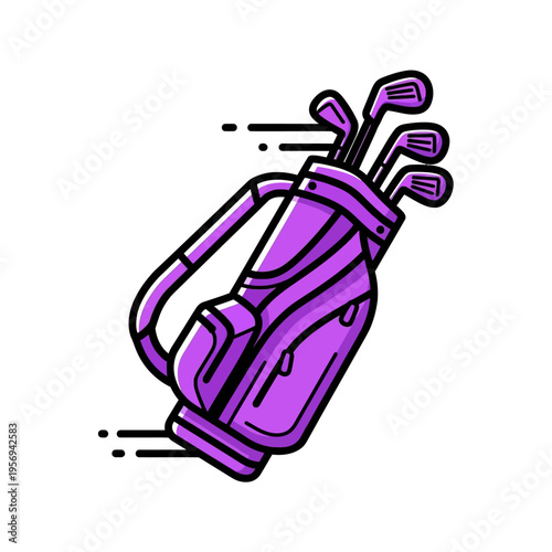 Purple golf bag with clubs, dynamic motion lines, isolated on white background