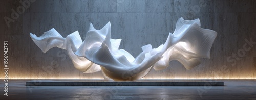 White fabric sculpture displays elegant artistic form artistic display features flowing textile in sculptural shape