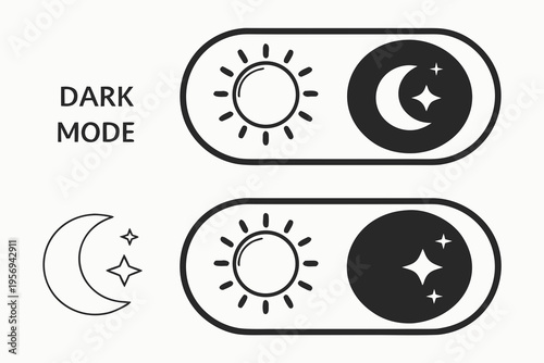 Dark mode toggle switch with sun, moon, and star symbols on white background stars