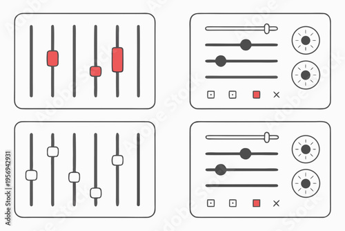 Audio mixing console controls with sliders and dials