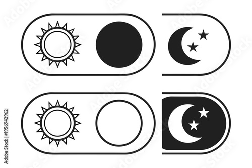 Toggle switch with sun, moon, and star symbols on white background stars black and white