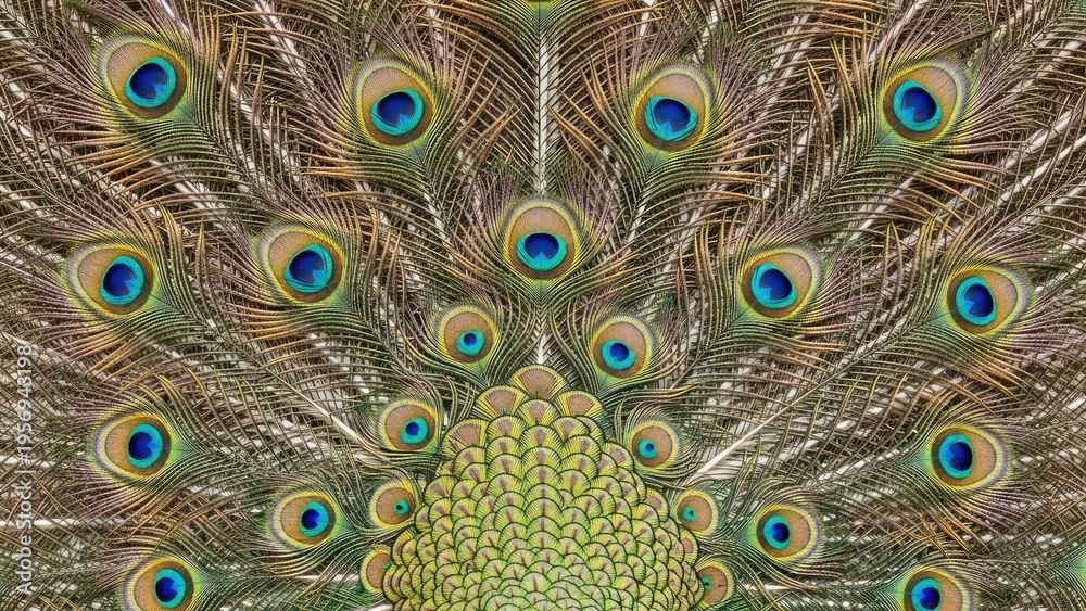 Obraz premium A vibrant peacock displays its colorful feathers and intricate patterns
