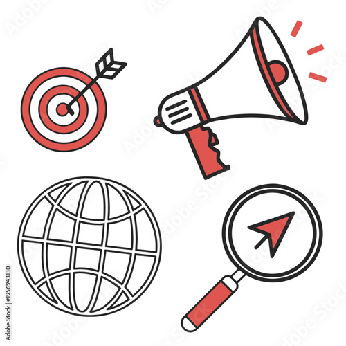 Marketing and advertising including megaphone and target bullseye