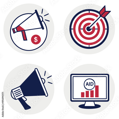 Business and finance including megaphone and chart target bullseye