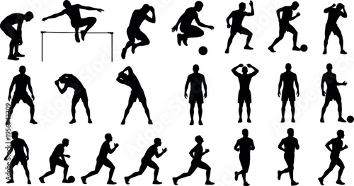 Collection of black silhouettes depicting various sports poses and actions of male athletes in different activities and exercises