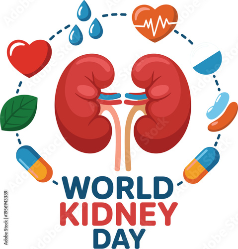 World Kidney Day vector banner with human renal anatomy, medical icons, healthy lifestyle and kidney healthcare