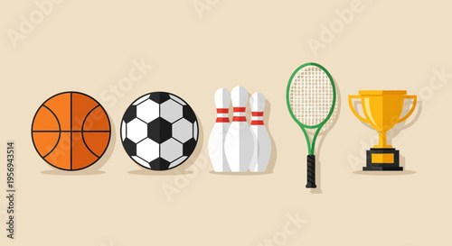 Sports Equipment and Trophy Collection: Basketball, Soccer, Bowling, Tennis, Award