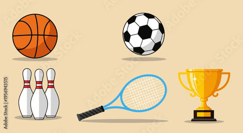 Sports Equipment and Trophy Collection: Basketball, Soccer, Bowling, Tennis