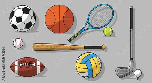Sports Equipment Assortment: Balls, Bats, Racquets, and Golf Club on Gray Background